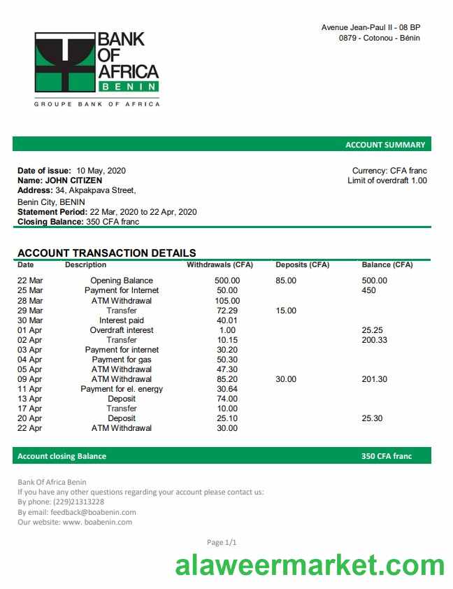 Benin Bank of Africa bank statement